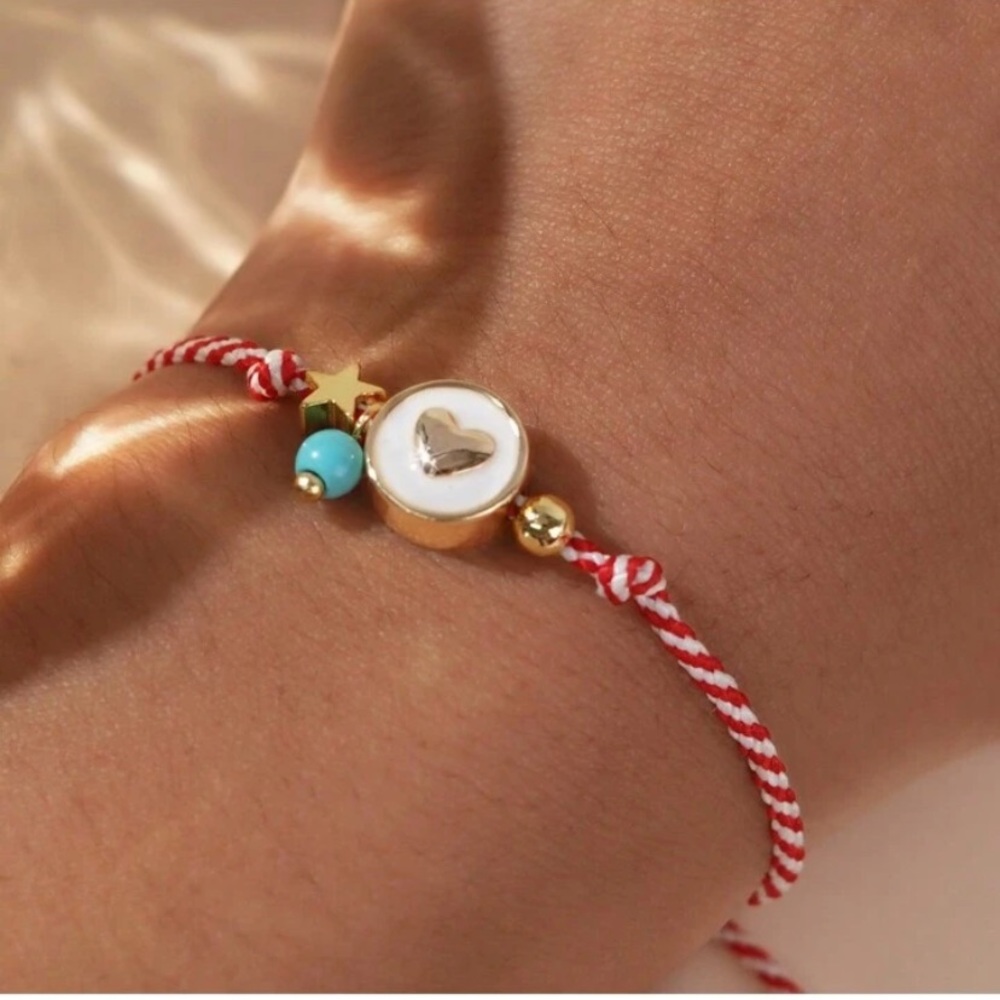Gold Heart Charm Bracelet with Red and White Cord